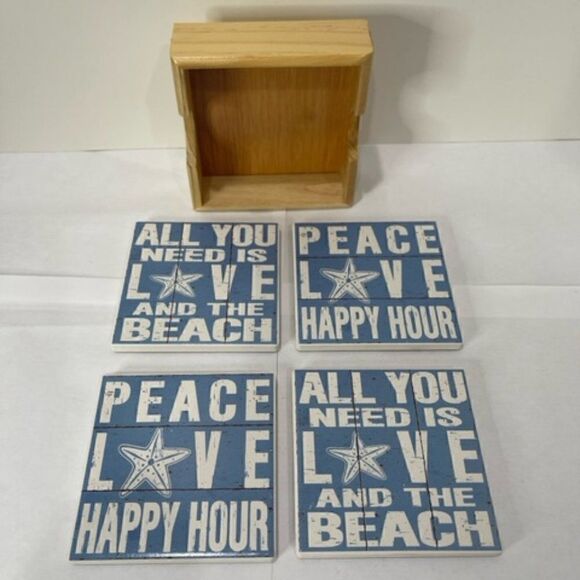 Chesapeake Bay Ltd. Beach Ocean Sea Blue Coasters Wooden Holder Set New New in B - Picture 5 of 6